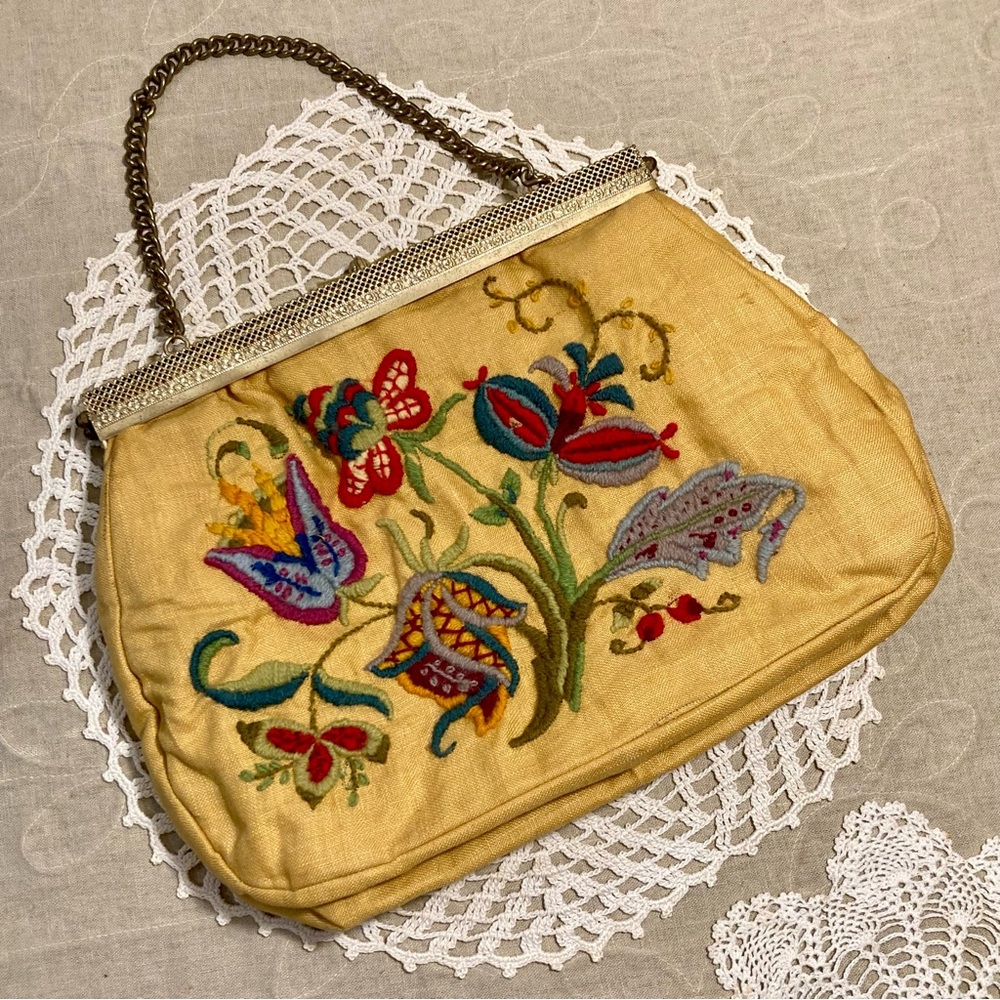 Vintage Handstitched Crewel Needlepoint Handbag Double Sided Design